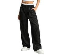 Womens Striped Wide Leg Pants High Waisted Flowy Trousers with Pockets | Soft Draped Silhouette Practical Side Pockets Front Pleats Long Flowing Leg Clean Stripe Detail Easy Everyday Pairing