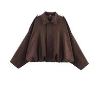 Women's Suede Bomber Jacket, 2025 Casual Lapel Pilot Cropped Coat Long Sleeves Trendy Streetwear Outerwear (Coffee,L)