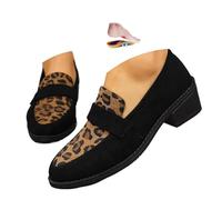 Women's Suede Leather Loafers, Retro Leopard Print Moccasins Slip-On Wide Fit Penny Loafer Dress Shoes for Walking Business, Nero , 37 EU