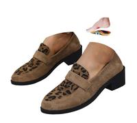 Women's Suede Leather Loafers, Retro Leopard Print Moccasins Slip-On Wide Fit Penny Loafer Dress Shoes for Walking Business, cachi, 36 EU