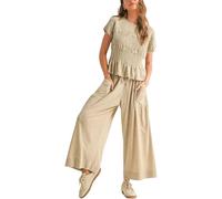 Women's Summer 2 Piece Outfit Smocked Short Sleeve Ruffle Top And High Waisted Wide Leg Pants Casual Lounge Set with Pockets Black Solid