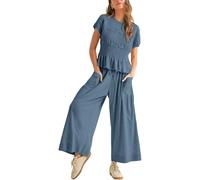 Women's Summer 2 Piece Outfit Smocked Short Sleeve Ruffle Top And High Waisted Wide Leg Pants Casual Lounge Set with Pockets Black Solid