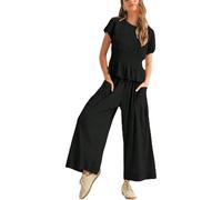 Women's Summer 2 Piece Outfit Smocked Short Sleeve Ruffle Top And High Waisted Wide Leg Pants Casual Lounge Set with Pockets Black Solid