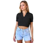 Women's Summer Cable Knit Short Sleeve V Neck Collared Crop Top Slim Fit Casual Sweater Shirt for Ladies Girls Spring Fashion Outfit