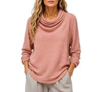 Women's Summer Casual Loose Fit Cotton Linen Long Sleeve Solid Color Cowl Neck Pullover Top with Wrinkle Texture for Daily Wear Vacation