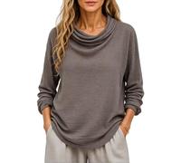 Women's Summer Casual Loose Fit Cotton Linen Long Sleeve Solid Color Cowl Neck Pullover Top with Wrinkle Texture for Daily Wear Vacation