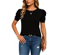Women's Summer Casual Puff Sleeve T-Shirt Round Neck Short Sleeve Solid Color Top Trendy Blouse for Daily Wear Party Date Night out Fashionable Tee