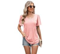 Women's Summer Casual Round Neck Pleated Short Sleeve Tunic Top Loose Fit Flowy Blouse Shirt for Daily Wear Vacation Beach Outfit Navy Blue