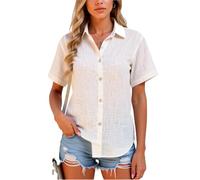 Women's Summer Casual Short Sleeve Button Down Shirt Solid Color Cotton Linen Blouse Loose Fit Lightweight Beach Vacation Top for Ladies