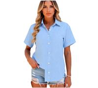 Women's Summer Casual Short Sleeve Button Down Shirt Solid Color Cotton Linen Blouse Loose Fit Lightweight Beach Vacation Top for Ladies
