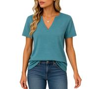 Women's Summer Casual Solid Color Split V Neck Short Sleeve T Shirt Top Loose Fit Basic Tee Blouse for Daily Wear Vacation Work Home Life