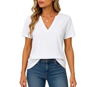 Women's Summer Casual Solid Color Split V Neck Short Sleeve T Shirt Top Loose Fit Basic Tee Blouse for Daily Wear Vacation Work Home Life