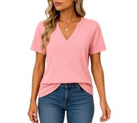 Women's Summer Casual Solid Color Split V Neck Short Sleeve T Shirt Top Loose Fit Basic Tee Blouse for Daily Wear Vacation Work Home Life