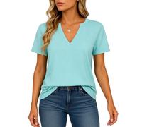 Women's Summer Casual Solid Color Split V Neck Short Sleeve T Shirt Top Loose Fit Basic Tee Blouse for Daily Wear Vacation Work Home Life