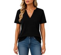 Women's Summer Casual Solid Color Split V Neck Short Sleeve T Shirt Top Loose Fit Basic Tee Blouse for Daily Wear Vacation Work Home Life