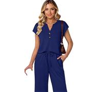 Women's Summer Casual Two Piece Outfits Short Sleeve V Neck Button Down Top And Wide Leg Cropped Pants Lounge Set with Pockets Navy Blue