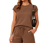 Women's Summer Casual Two Piece Set Short Sleeve Pleated Top And Drawstring Shorts Lounge Wear Solid Color Outfit for Vacation Beach Daily Life