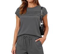 Women's Summer Casual Two Piece Set Short Sleeve Pleated Top And Drawstring Shorts Lounge Wear Solid Color Outfit for Vacation Beach Daily Life