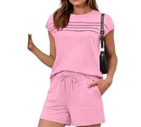 Women's Summer Casual Two Piece Set Short Sleeve Pleated Top And Drawstring Shorts Lounge Wear Solid Color Outfit for Vacation Beach Daily Life