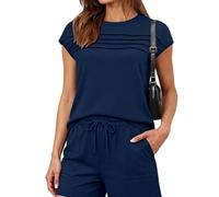 Women's Summer Casual Two Piece Set Short Sleeve Pleated Top And Drawstring Shorts Lounge Wear Solid Color Outfit for Vacation Beach Daily Life