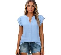 Women's Summer Casual V Neck Ruffle Sleeve Textured Blouse Navy Blue Short Sleeve Pleated Front Shirt Top for Daily Work Beach Vacation