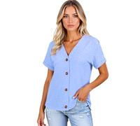 Women's Summer Casual V-Neck Short Sleeve Button Down T-Shirt Loose Fit Solid Color Relaxed Fit Cotton Blend Blouse Tops for Ladies