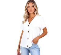Women's Summer Casual V-Neck Short Sleeve Button Down T-Shirt Loose Fit Solid Color Relaxed Fit Cotton Blend Blouse Tops for Ladies
