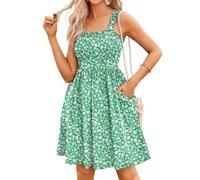 Women's Summer Dresses Casual Square Neck Floral Sundress with Pockets Cute Sleeveless A-Line Midi Dress Boho Beach Dresses (Green,XXL)