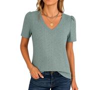 Women's Summer Eyelet Lace V Neck Short Sleeve Blouse Casual Solid Color Puff Sleeve Tops Lightweight Breathable Tunic Shirts for Work Party