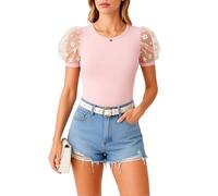 Women's Summer Floral Mesh Puff Sleeve Top Pink Solid Round Neck Slim Fit T Shirt Sheer Embroidered Short Sleeve Blouse for Casual Party Date