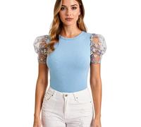 Women's Summer Floral Mesh Puff Sleeve Top Pink Solid Round Neck Slim Fit T Shirt Sheer Embroidered Short Sleeve Blouse for Casual Party Date