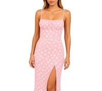 Womens Summer Floral Midi Dress with Adjustable Spaghetti Straps And Side Slit Black Daisy Print Square Neck Sundress for Beach Vacation