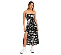 Womens Summer Floral Midi Dress with Adjustable Spaghetti Straps And Side Slit Black Daisy Print Square Neck Sundress for Beach Vacation