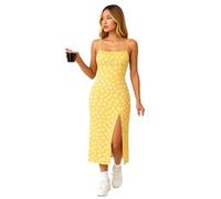 Womens Summer Floral Midi Dress with Adjustable Spaghetti Straps And Side Slit Black Daisy Print Square Neck Sundress for Beach Vacation