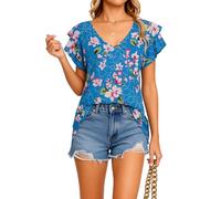 Women's Summer Floral Print V Neck Ruffle Sleeve Loose Fit Casual Tunic Top Lightweight Flowy Blouse for Vacation Beach Party