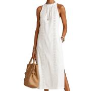Women's Summer Halter Neck Maxi Dress Sleeveless Lime Green Vacation Beach Dress with Lace Insert Side Slit Pockets Casual Flowy Sundress for Resort Wear