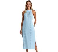 Women's Summer Halter Neck Maxi Dress Sleeveless Lime Green Vacation Beach Dress with Lace Insert Side Slit Pockets Casual Flowy Sundress for Resort Wear