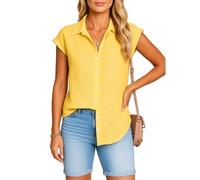 Women's Summer Lightweight Linen Button Down Shirt Short Sleeve Casual Loose Fit Asymmetrical Hem Blouse Top for Vacation Beach Daily Wear Yellow Trendy