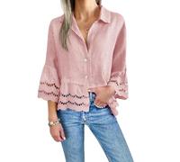 Women's Summer Linen Button Down Shirt Long Sleeve Eyelet Lace Blouse Casual Loose Fit Beach Vacation Top with Scalloped Hem Cuffs Light Blue