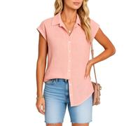 Women's Summer Linen Button Down Shirt Short Sleeve Casual Loose Fit Blouse with Pockets Lightweight Beach Vacation Top for Ladies Pink