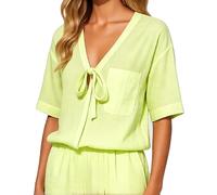 Women's Summer Linen Two Piece Set V-Neck Tie Front Short Sleeve Top And Elastic Waist Shorts Casual Vacation Outfit Solid Color Loose Fit Beach Wear for Ladies【