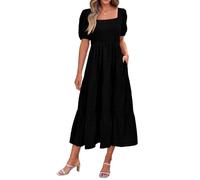 Women's Summer Maxi Dress Short Sleeve Square Neck Ruffle Tiered Flowy Casual Boho Long Dresses with Pockets(Black,M)