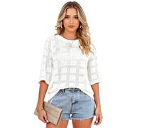 Women's Summer Open Knit Sweater Top Casual Round Neck Hollow out Short Sleeve Pullover Blouse Lightweight Breathable Beach Cover Up for Vacation