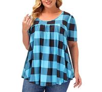 Women's Summer Plaid Round Neck Loose Fit Milk Silk Plus Size Top Casual Short Sleeve Flowy Blouse for Ladies Checkered Tunic Shirt Breathable