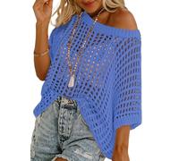 Womens Summer Scoop Neck Short Sleeve Sweater Casual Crochet Hollow out Knit Tops Pullover Shirts Beach Coverup(Color:Blue,Size:XXL)