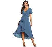 Women's Summer Solid Ruffle Sleeve Pleated V-Neck A-Line Midi Dress Elegant High Low Hem Flowy Chiffon Party Wedding Guest Cocktail Dress Light Pink