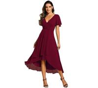 Women's Summer Solid Ruffle Sleeve Pleated V-Neck A-Line Midi Dress Elegant High Low Hem Flowy Chiffon Party Wedding Guest Cocktail Dress Light Pink