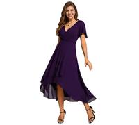 Women's Summer Solid Ruffle Sleeve Pleated V-Neck A-Line Midi Dress Elegant High Low Hem Flowy Chiffon Party Wedding Guest Cocktail Dress Light Pink