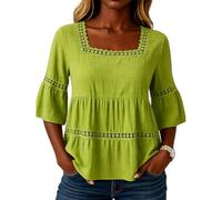Women's Summer Square Neck Cotton Linen Blouse Lace Trim 3/4 Bell Sleeve Casual Tunic Top Boho Beach Vacation Shirt Lightweight Breathable Flowy Peasant Top