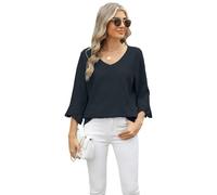 Women's Summer V Neck Eyelet Lace Top Boho Hollow out Diamond Pattern 3/4 Bell Sleeve Loose Casual Blouse Shirt for Vacation Beach Party